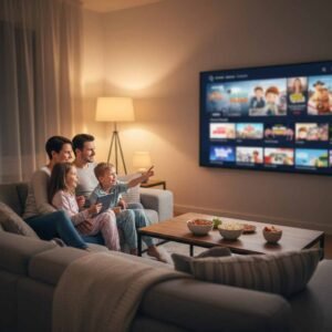 A family of four sitting on a cozy living-room couch in the evening, smiling as they choose a movie from a streaming menu on the TV, with popcorn and warm lamp light.