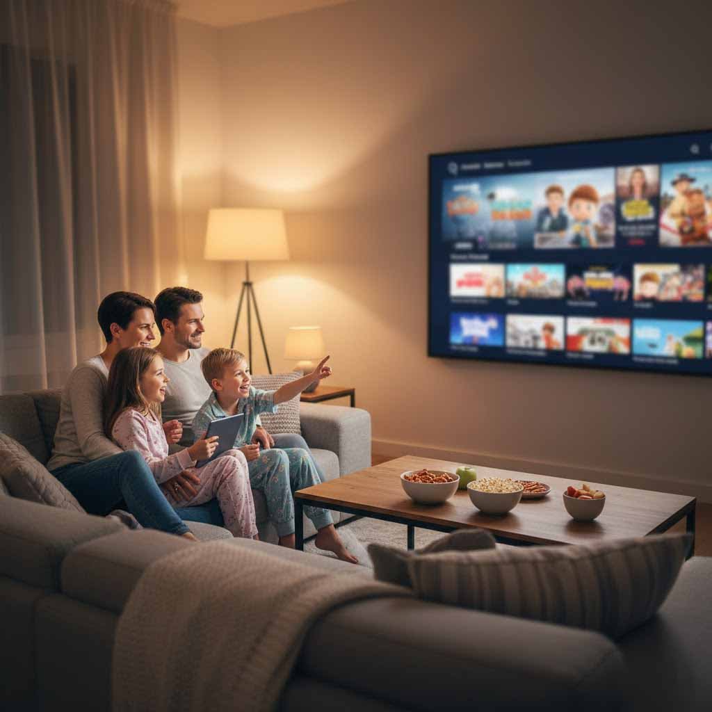 A family of four sitting on a cozy living-room couch in the evening, smiling as they choose a movie from a streaming menu on the TV, with popcorn and warm lamp light.