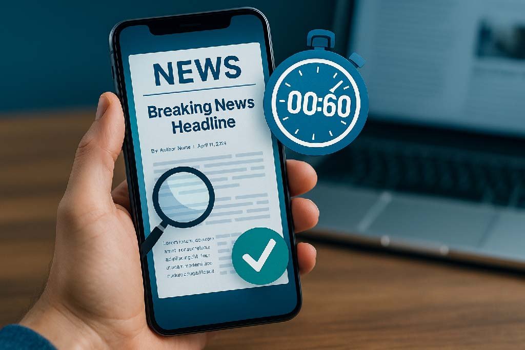 Hand holding a phone verifying a news headline, with a 00:60 stopwatch, magnifier, and green checkmark.