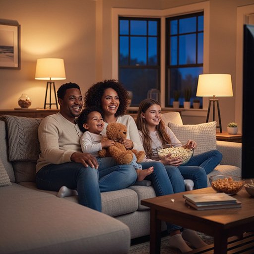 Mixed-age siblings watching a family-friendly movie with their parents.