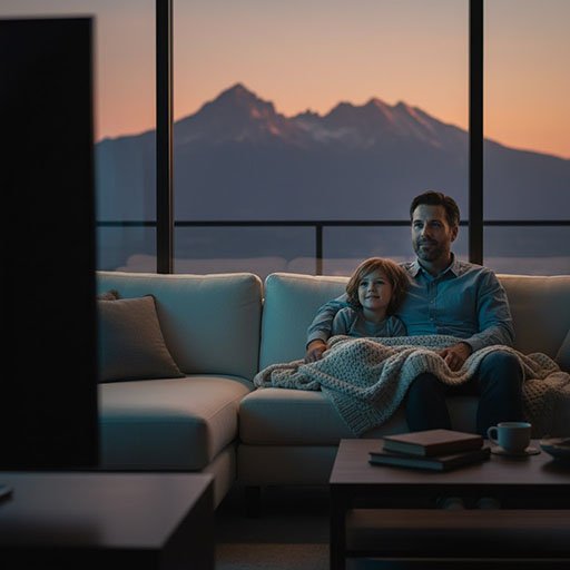 Parent and child watching a calm movie with a mountain view in the background.