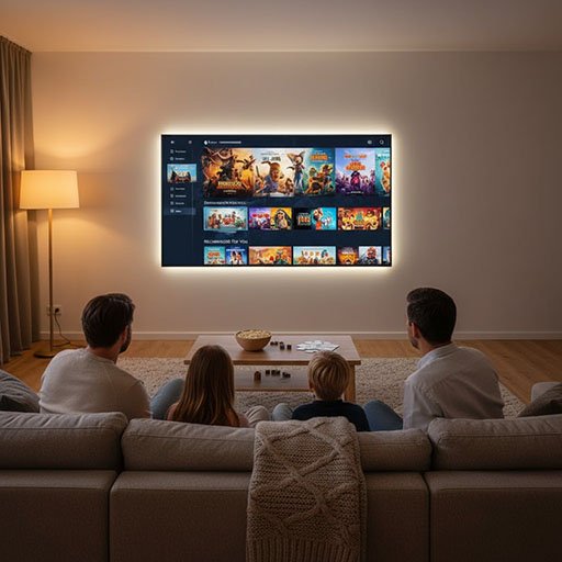 Family browsing several streaming platforms on TV to choose a movie.