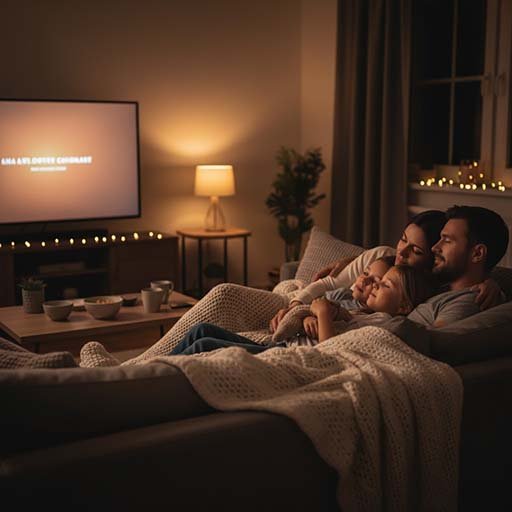 Family relaxing together after finishing a calm, family-friendly movie.