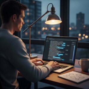 Professional studying how an AI chat splits text into units on a laptop in a warm home office.