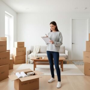 Renter standing in a bright living room on move-in day, holding a checklist and surrounded by labeled moving boxes.
