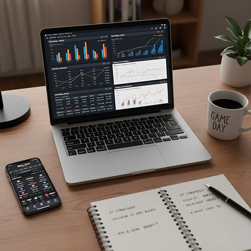 Laptop with football stats, phone with odds, and handwritten overtime notes on a desk.