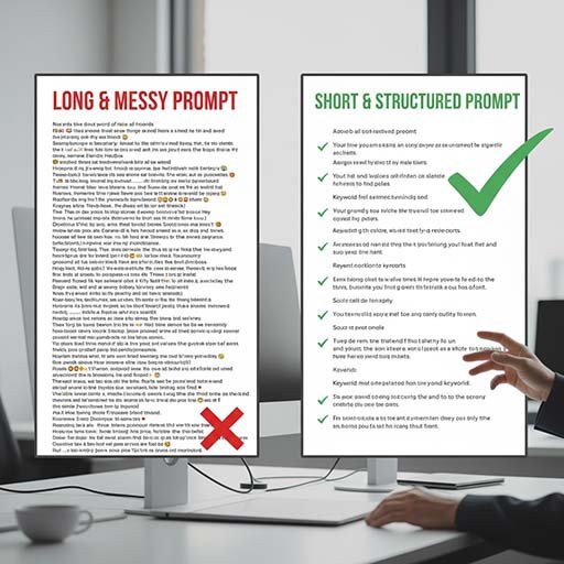 Comparison of messy versus optimized structured AI prompts.