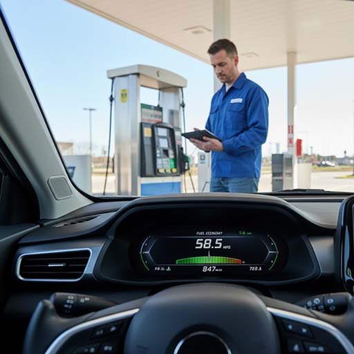 Driver checking car dashboard fuel economy and MPG to understand fuel efficiency