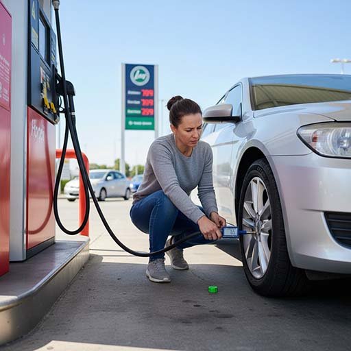 Driver checking tire pressure at a gas station to improve fuel efficiency