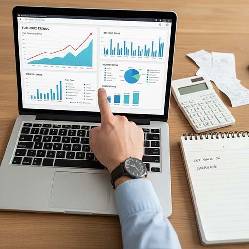 Fuel price charts and graphs on a computer screen showing changing gas prices