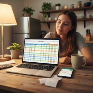 Person using laptop, phone app and receipts at a kitchen table to plan a monthly fuel budget and control gas expenses