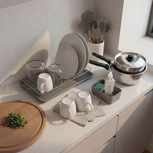 Basic kitchen essentials and cleaning caddy arranged on a small apartment countertop.