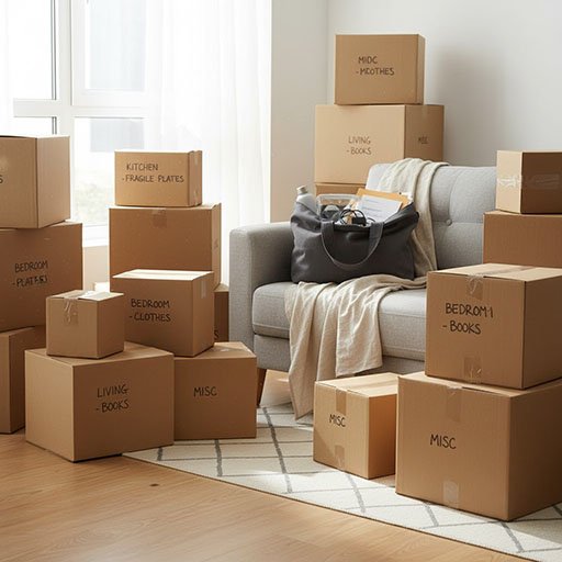 Labeled moving boxes and a packed essentials bag ready for apartment move-in day.