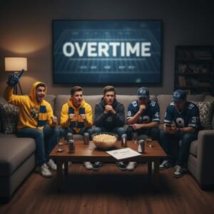 Fans in a living room watching an overtime football game, half in college team gear and half in NFL jerseys, reacting with excitement and confusion.