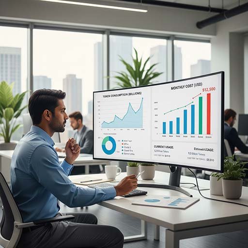 Businessperson looking at AI token usage and costs on a dashboard.