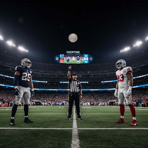 NFL captains at midfield during an overtime coin toss in a tied game.