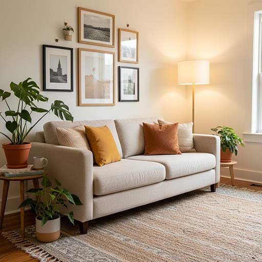 Cozy small living room decorated with renter-friendly plants, art and soft lighting.