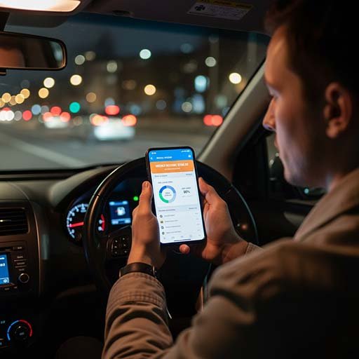 Rideshare driver checking earnings app while monitoring fuel level