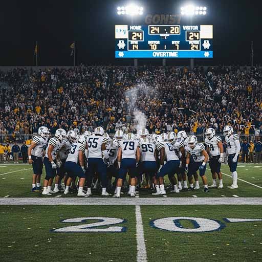 College football offense huddled at the 25-yard line in overtime under bright stadium lights.