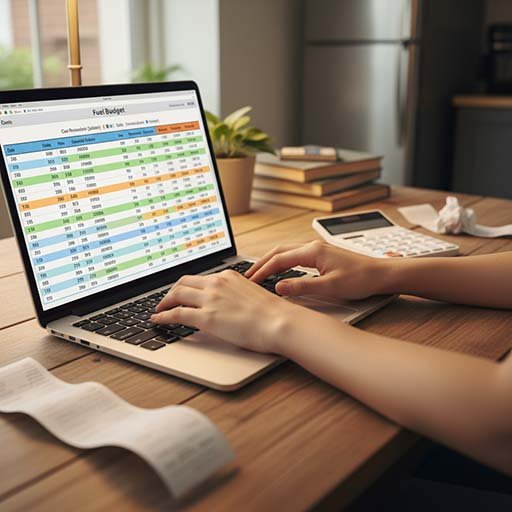 Hands using a laptop spreadsheet as a monthly fuel expense planner