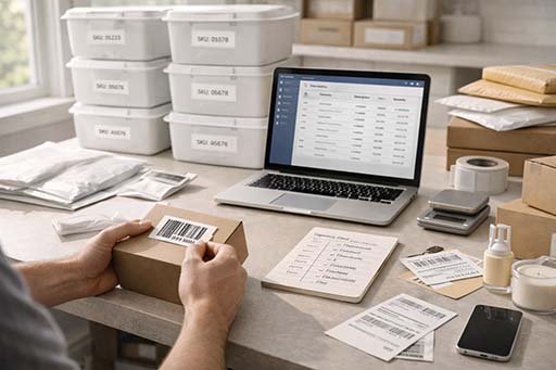 Organized home fulfillment table with SKU labels, inventory bins, and packing supplies.
