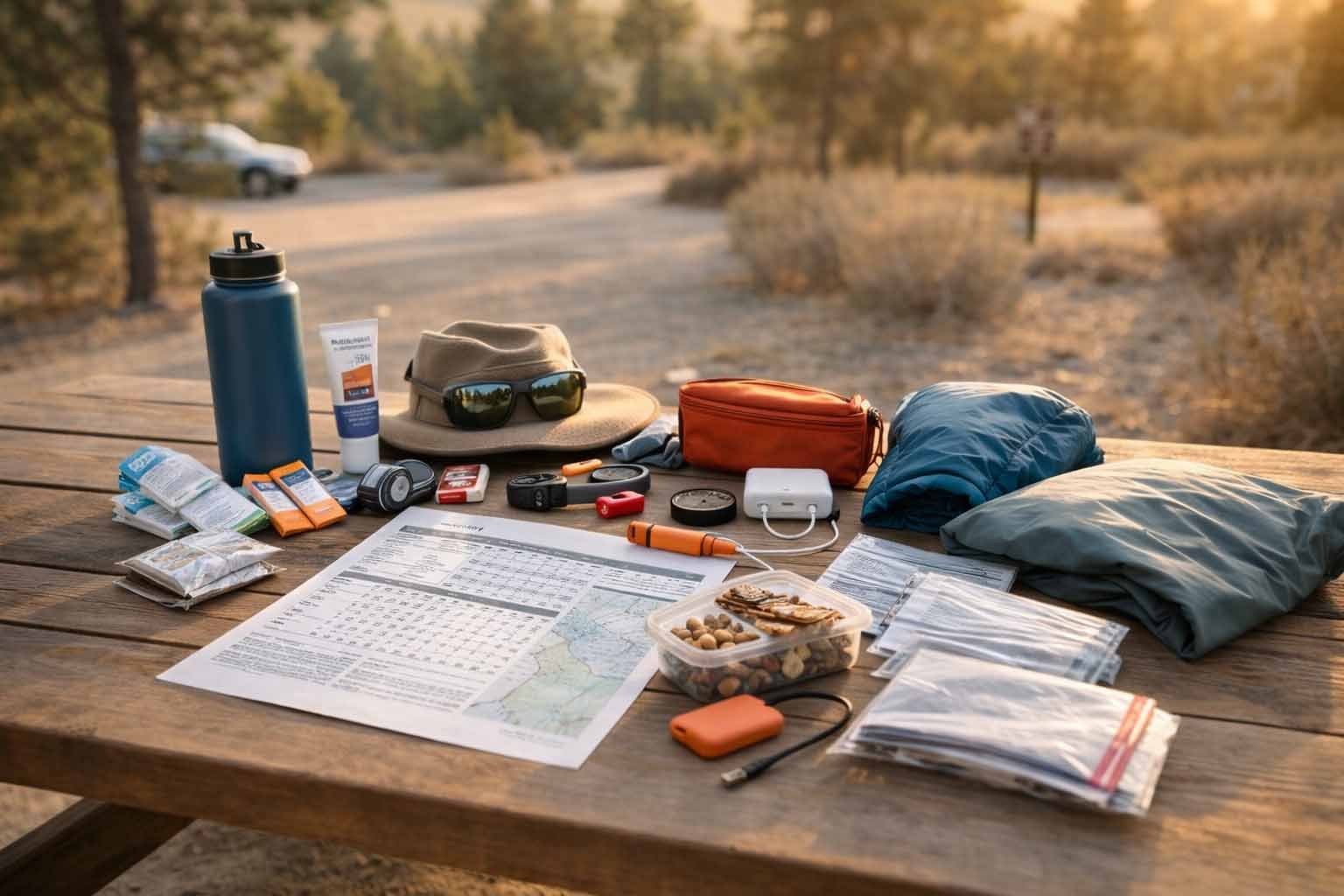 Under-$50 national park day-hike packing list essentials arranged on a picnic table.