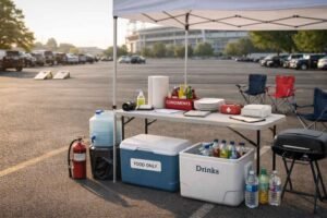 Organized tailgate setup with food table, coolers, grill, and safety essentials under a canopy in a stadium parking lot.