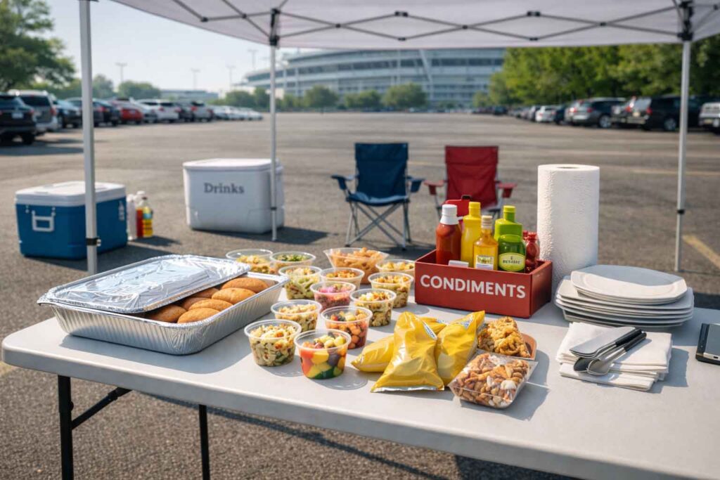  Tailgate food table with hot pan, cold sides, snacks, and organized condiments in a stadium parking lot.