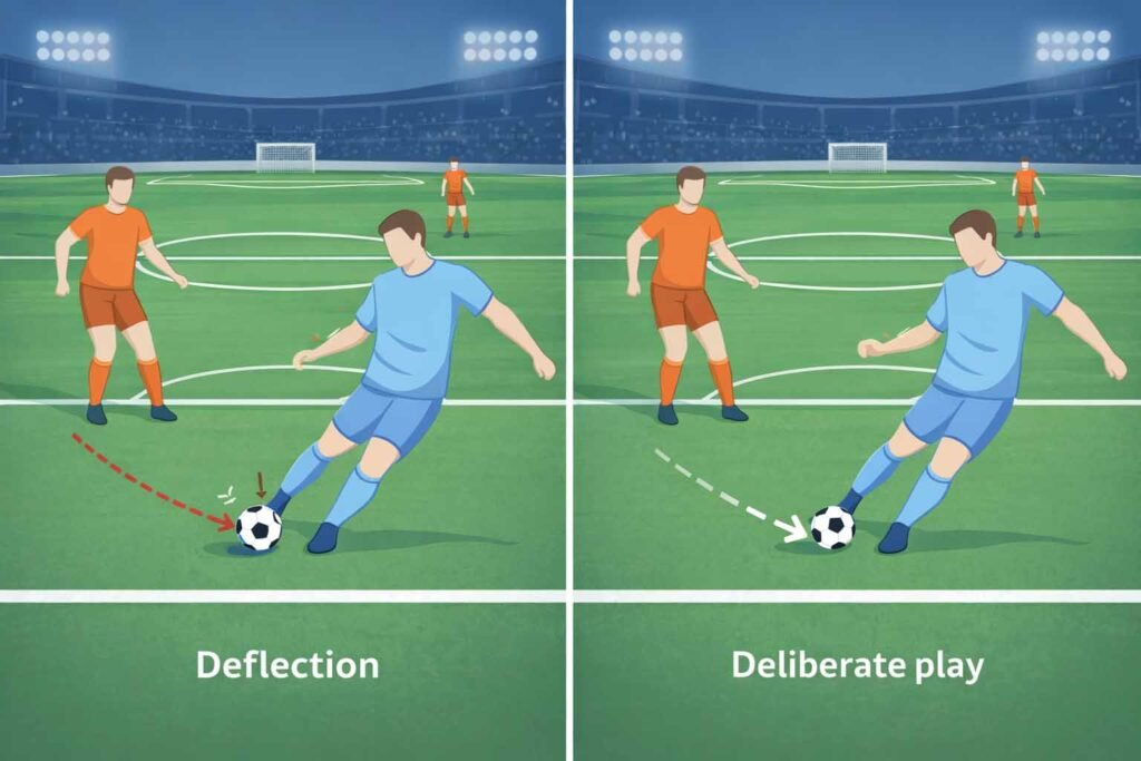 Side-by-side illustration comparing a deflection versus a deliberate defensive play in an offside situation.