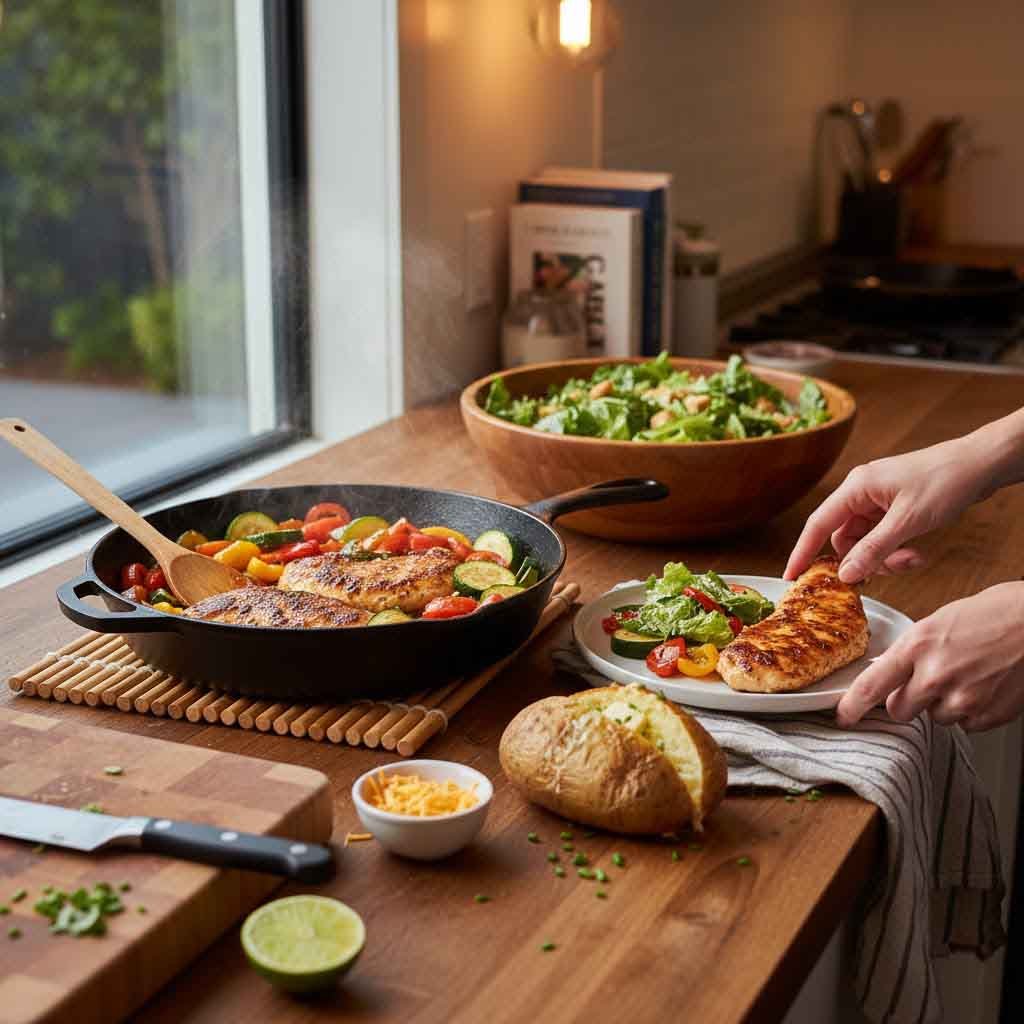 Realistic weeknight skillet dinner being plated with quick sides in a home kitchen