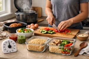Solo meal prep setup in a bright kitchen with a timer, glass containers, chopped vegetables, and cooked grains ready for quick mix-and-match meals.