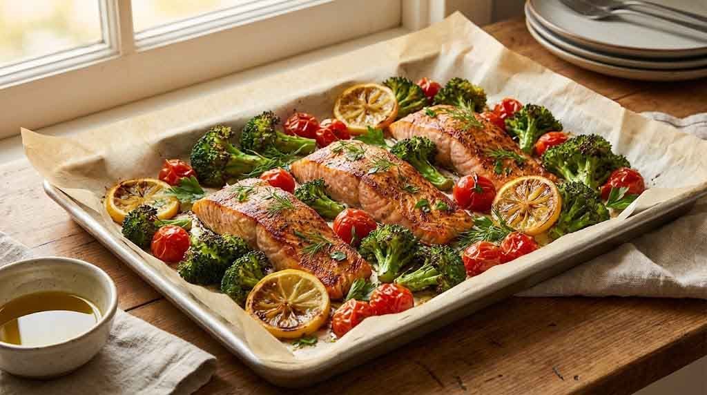 Sheet pan salmon with roasted vegetables for a quick weeknight dinner