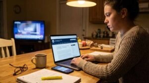 Person at a kitchen table reading a U.S. government press release on a laptop while checking news alerts on a phone.