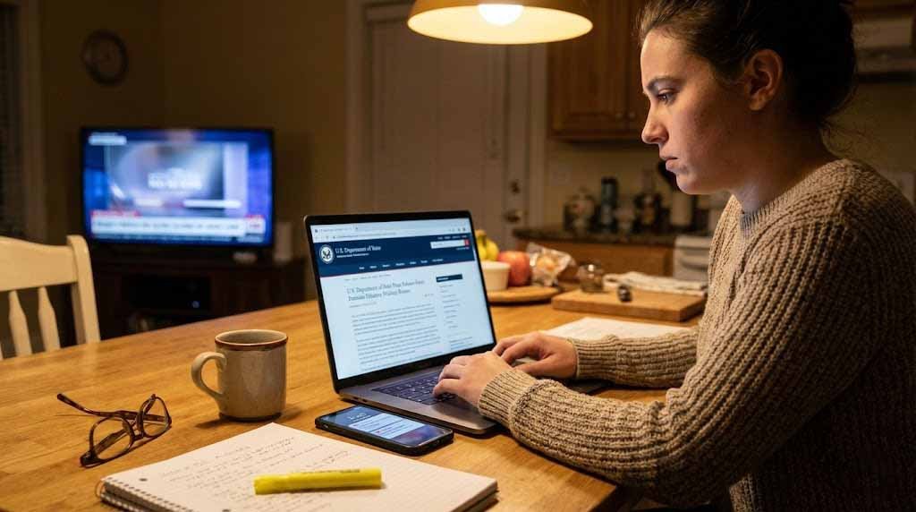 Person at a kitchen table reading a U.S. government press release on a laptop while checking news alerts on a phone.