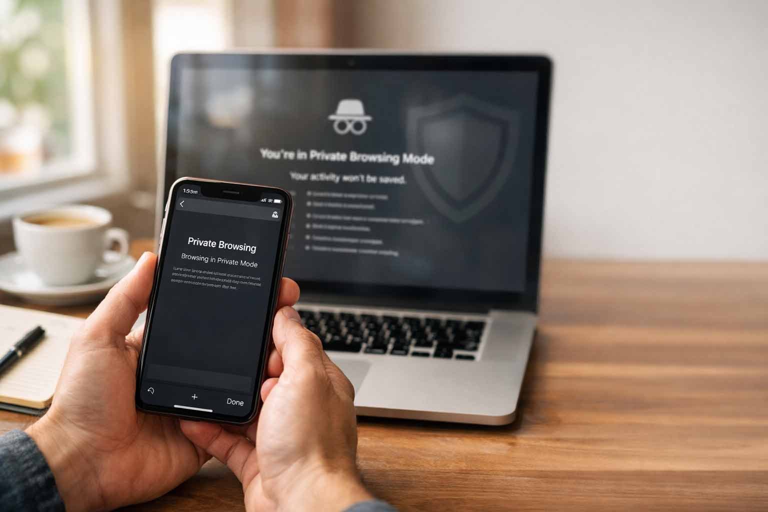 Person using private browsing on an iPhone with a laptop nearby, illustrating everyday private browsing for safer logins and shared-device use.