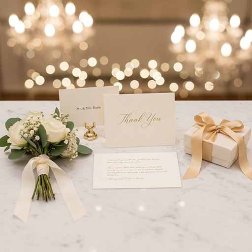 Wedding thank-you card on a table beside a small bouquet and a wrapped gift.