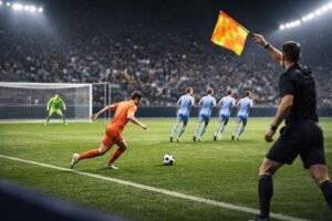 Assistant referee raising a flag as an attacker runs onto a through ball near the penalty area in a soccer match.
