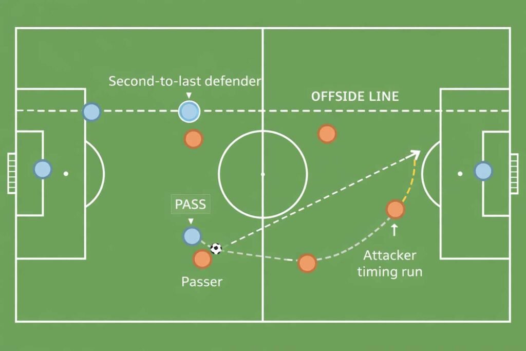 Top-down soccer diagram showing a through ball and the offside line set by the second-to-last defender.