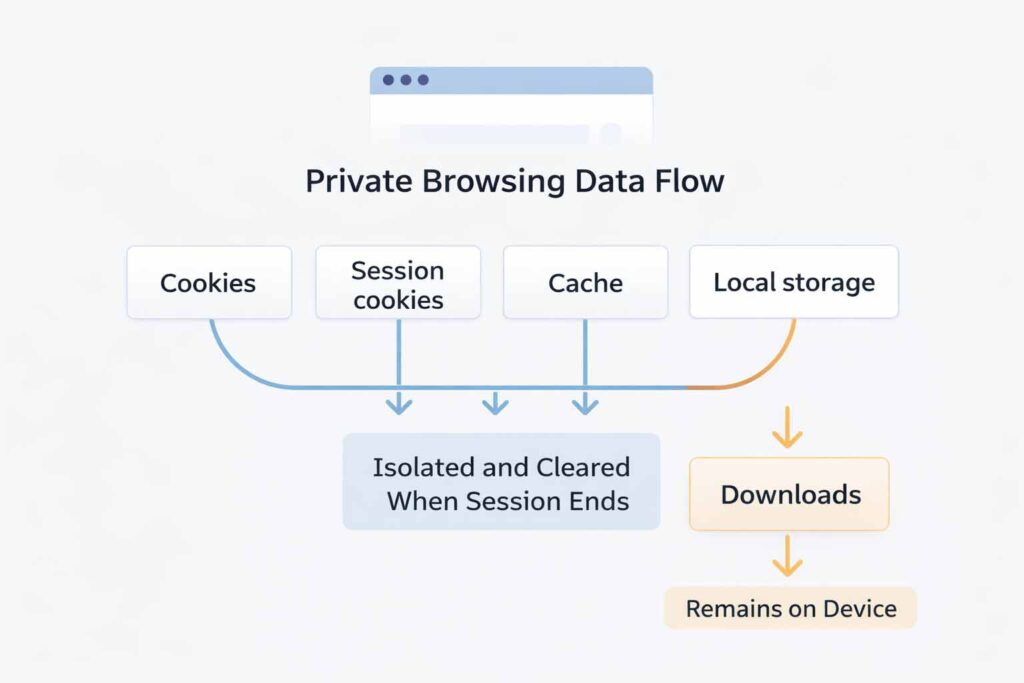 Infographic showing how private browsing isolates cookies and clears cache/local storage, while downloads may remain on the device.