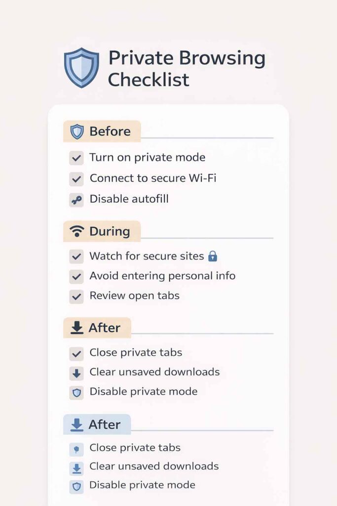 Private browsing checklist with steps before, during, and after a session to reduce local traces and avoid common mistakes.