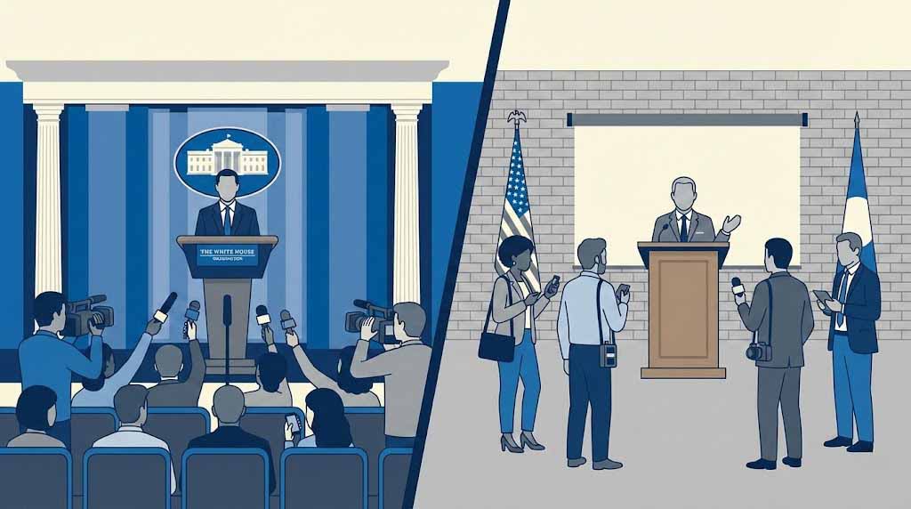 Illustration comparing a White House briefing room with a local city hall press conference.