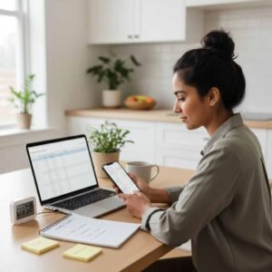 Person completing a 10-minute weekly expense check-in using a laptop, phone, and simple checklist
