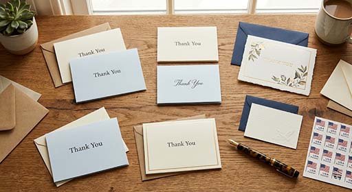Assorted thank-you cards, envelopes, pen, and US postage stamps arranged neatly on a wooden desk.