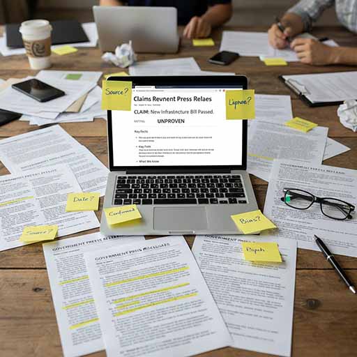 Marked-up government press releases on a desk with notes, highlighter, and a laptop