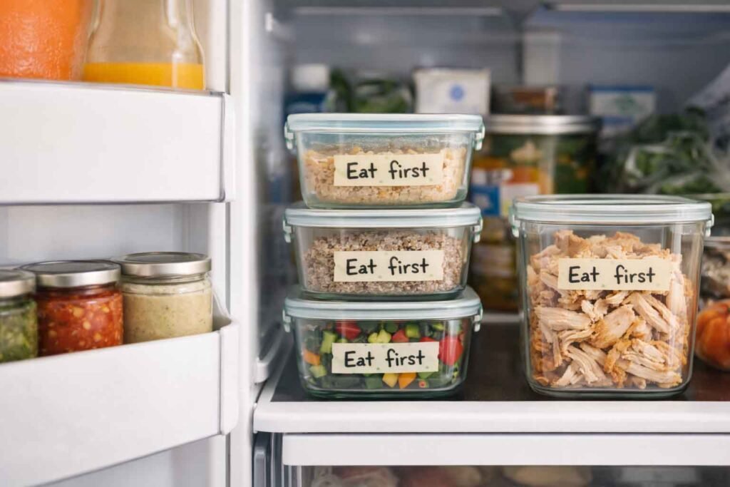 Organized refrigerator with labeled glass meal prep containers arranged in an eat-first row for easy lunches and dinners.