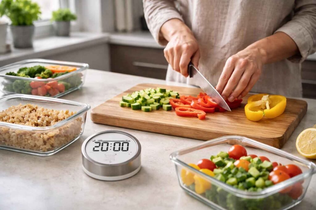 Hands chopping vegetables next to a kitchen timer and glass meal prep containers during a 20-minute prep session.