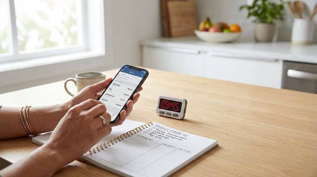 Weekly spending check-in with a 10-minute timer and a simple checklist