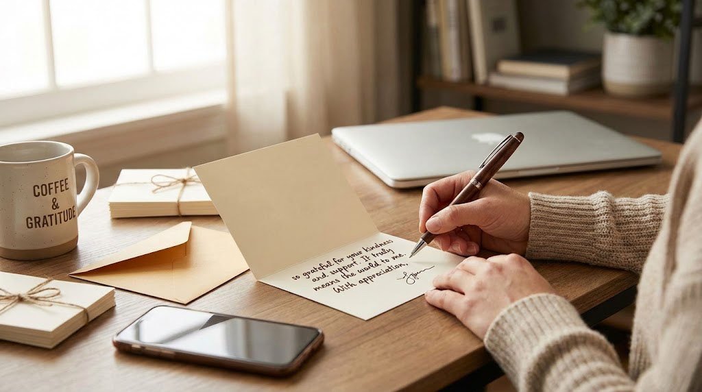 Person finishing a handwritten thank-you card at a bright home office desk with a laptop and phone in the background.