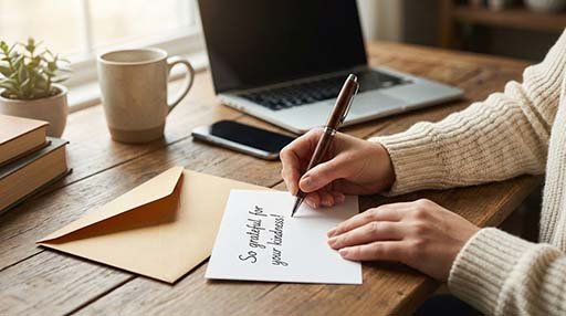 Person writing a handwritten thank-you card at a desk while their phone sits off to the side.