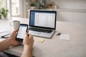 Laptop and smartphone showing a password manager vault setup in a bright home workspace.